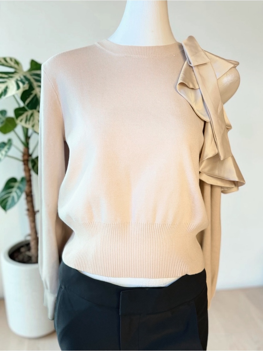 Chicwish Cream Ruffle-Detail Crewneck Sweater Medium NWT